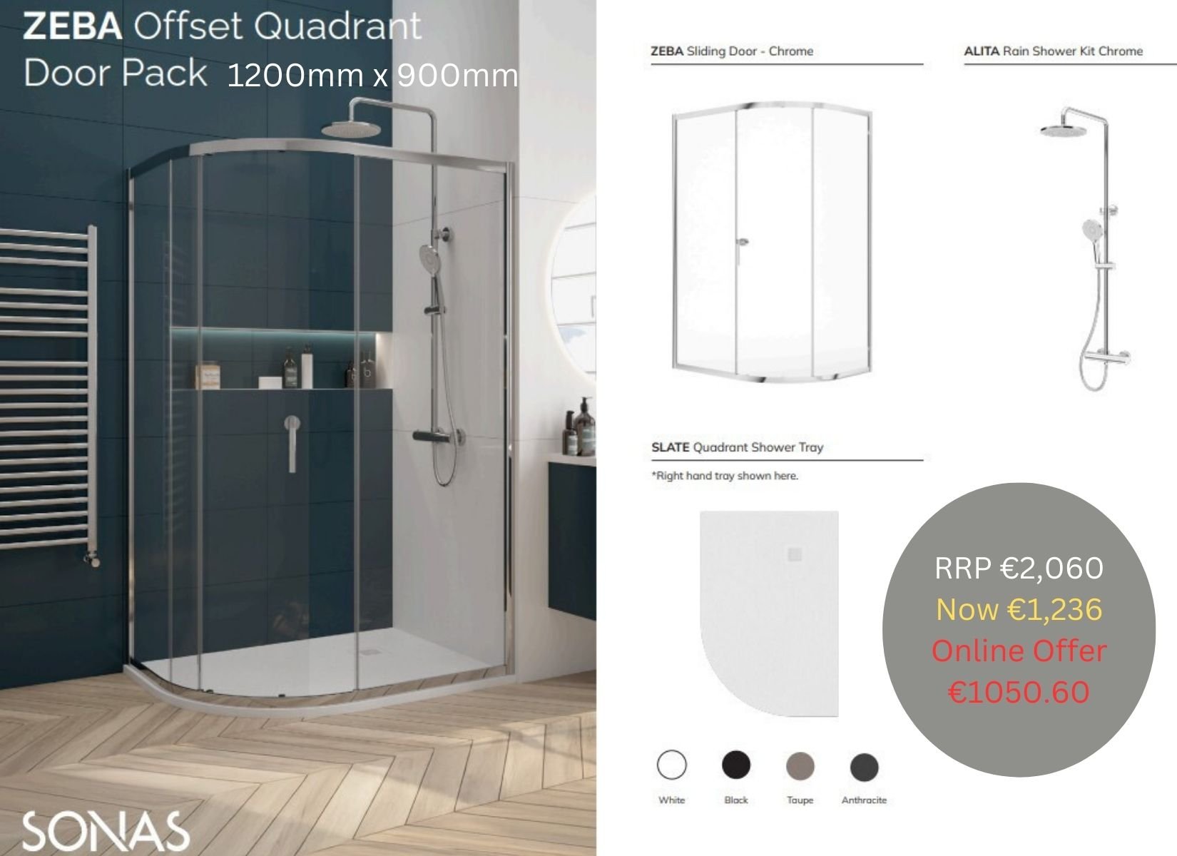 ZEBA OFFSET QUADRANT PACK 900X1200 OFFSET QUAD R/H WHITE & SHOWER