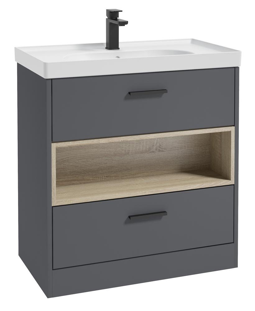 MALMO 80CM TWO DRAWER FLOOR STANDING MIDNIGHT GREY MATT VANITY UNIT MATT BASIN - MATT BLACK HANDLE