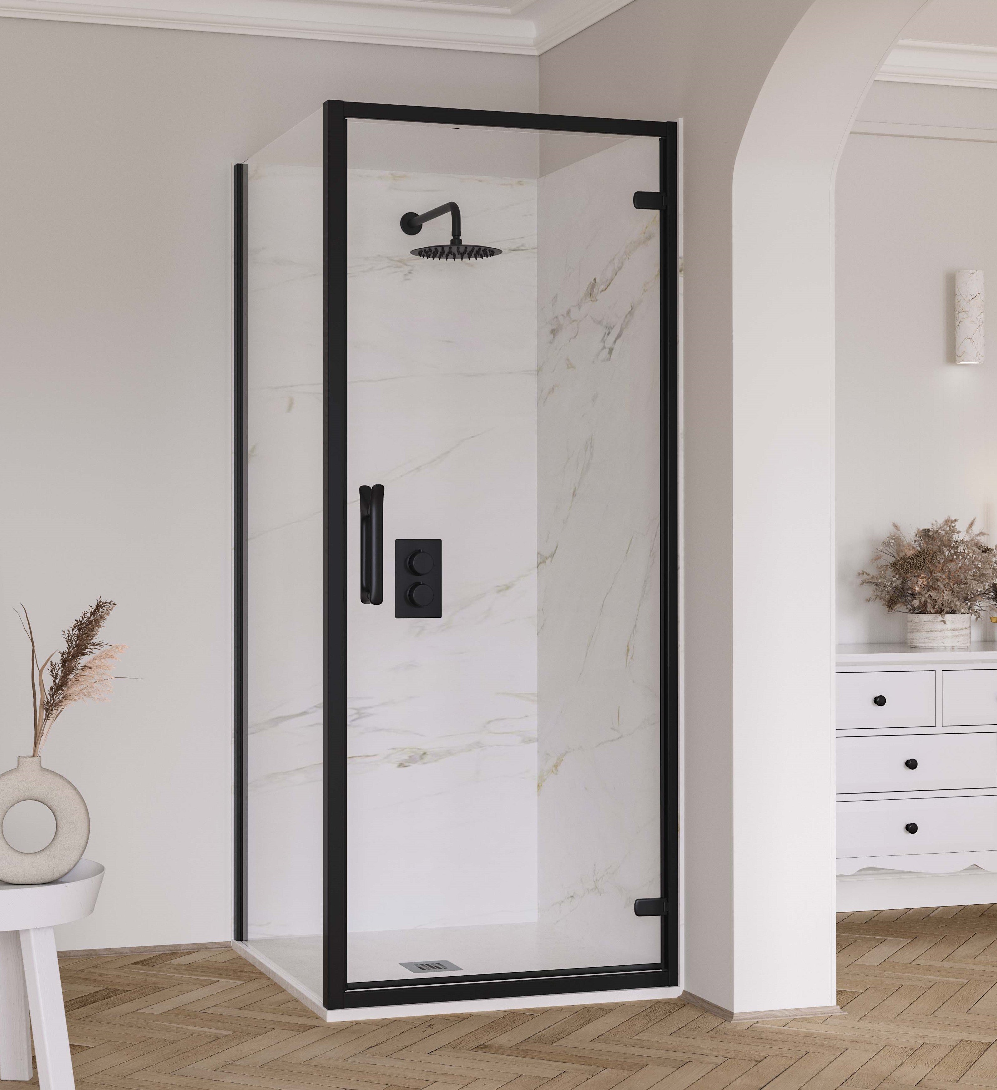 FLAIR ETO HINGE DOOR 900MM MATT BLACK WITH CLEAR GLASS