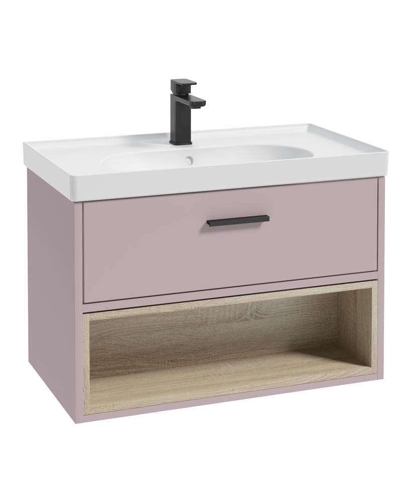 MALMO 80CM SINGLE DRAWER OPEN SHELF CASHMERE PINK MATT VANITY UNIT MATT BASIN - MATT BLACK HANDLE