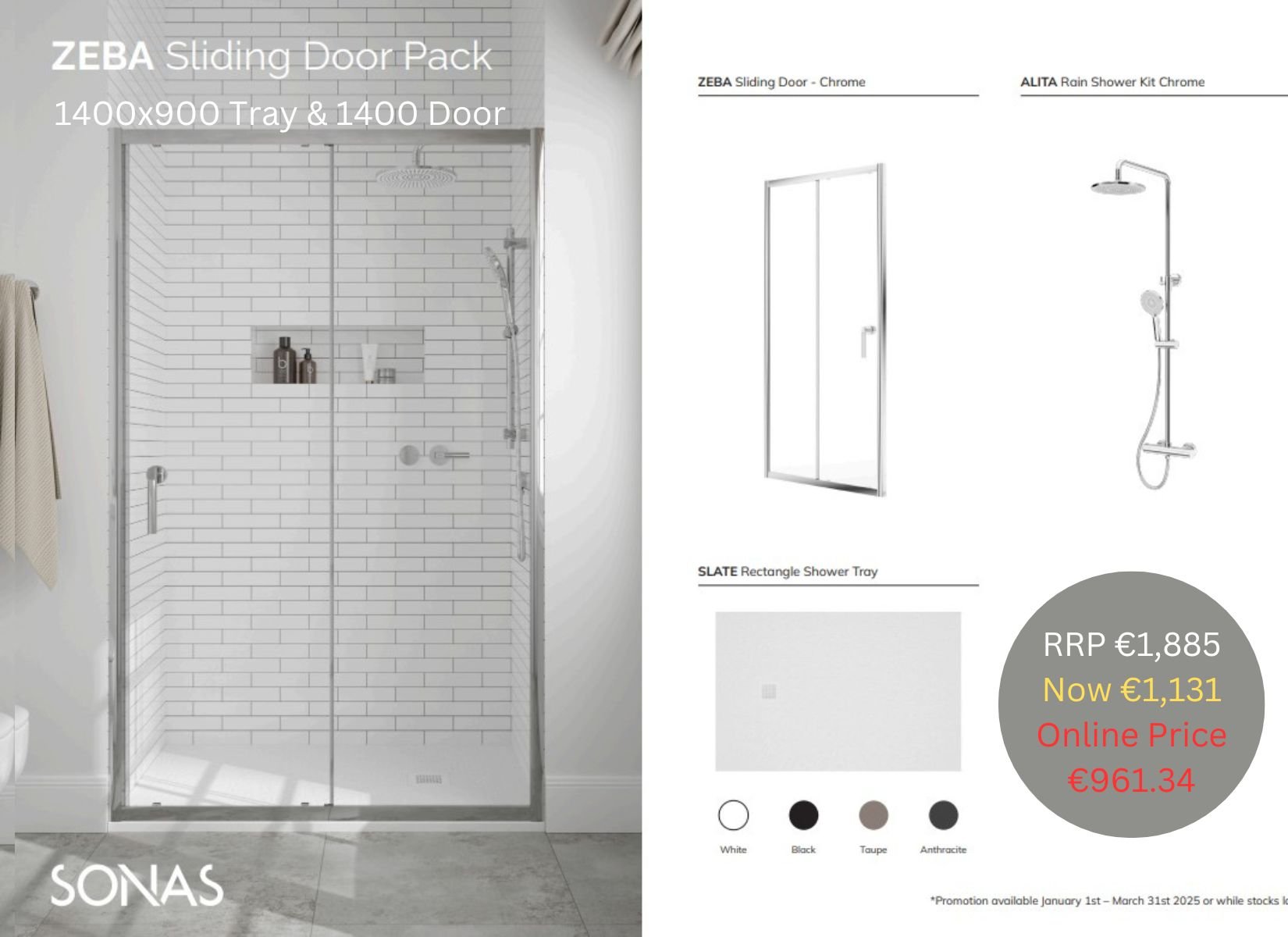 ZEBA SLIDING DOOR PACK 900X1400 RECTANGLE TRAY WHITE & SHOWER