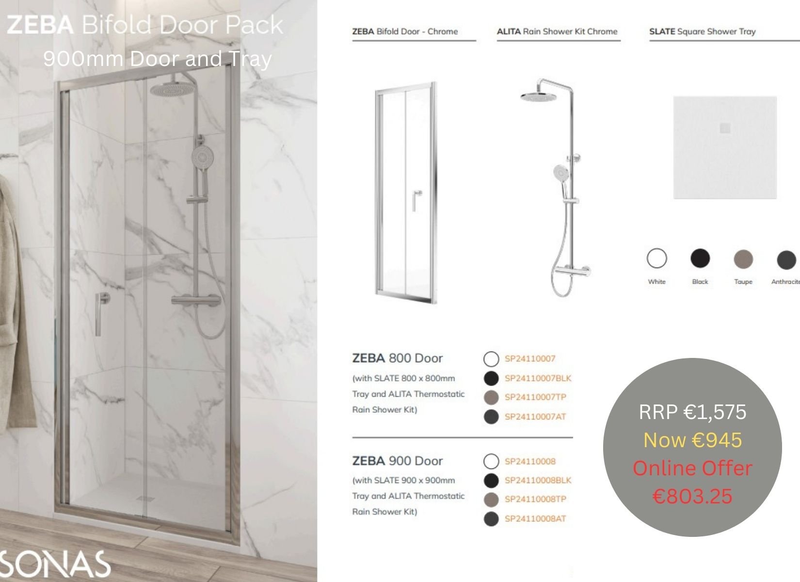 ZEBA BIFOLD PACK 900 X900 SQUARE TRAY WHITE & SHOWER