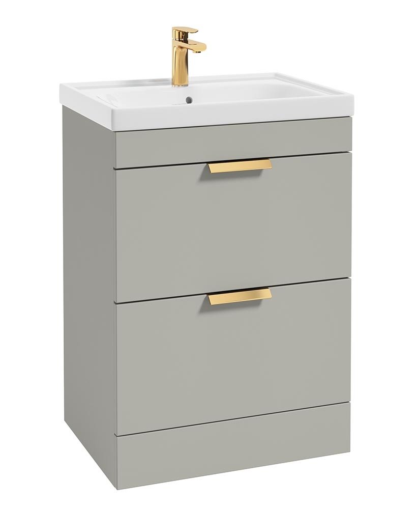 STOCKHOLM ARCTIC GREY MATT 60CM 2 DRAWER FLOOR STANDING VANITY UNIT - BRUSHED GOLD HANDLE