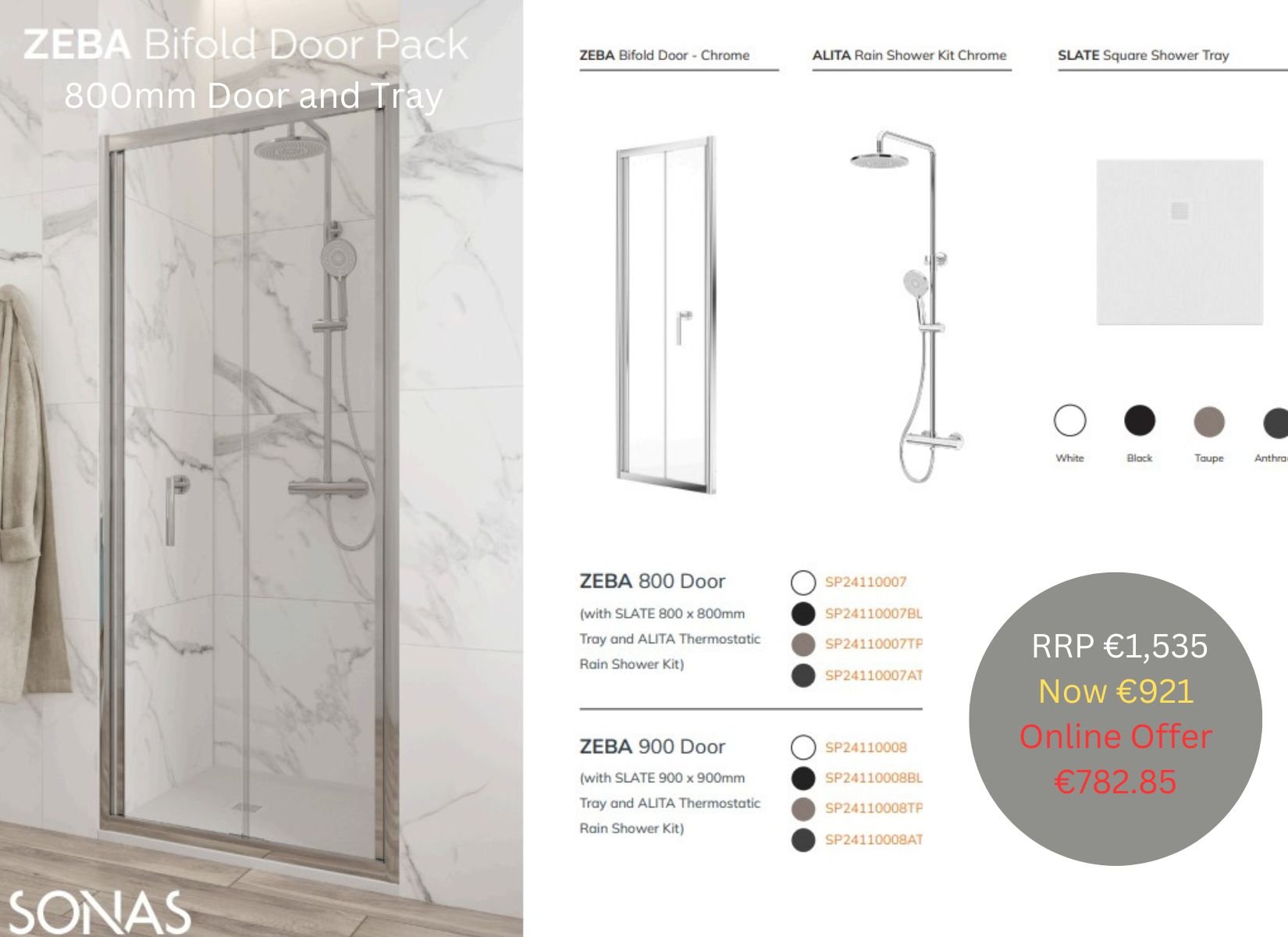 ZEBA BIFOLD PACK 800 X800 SQUARE TRAY BLACK & SHOWER