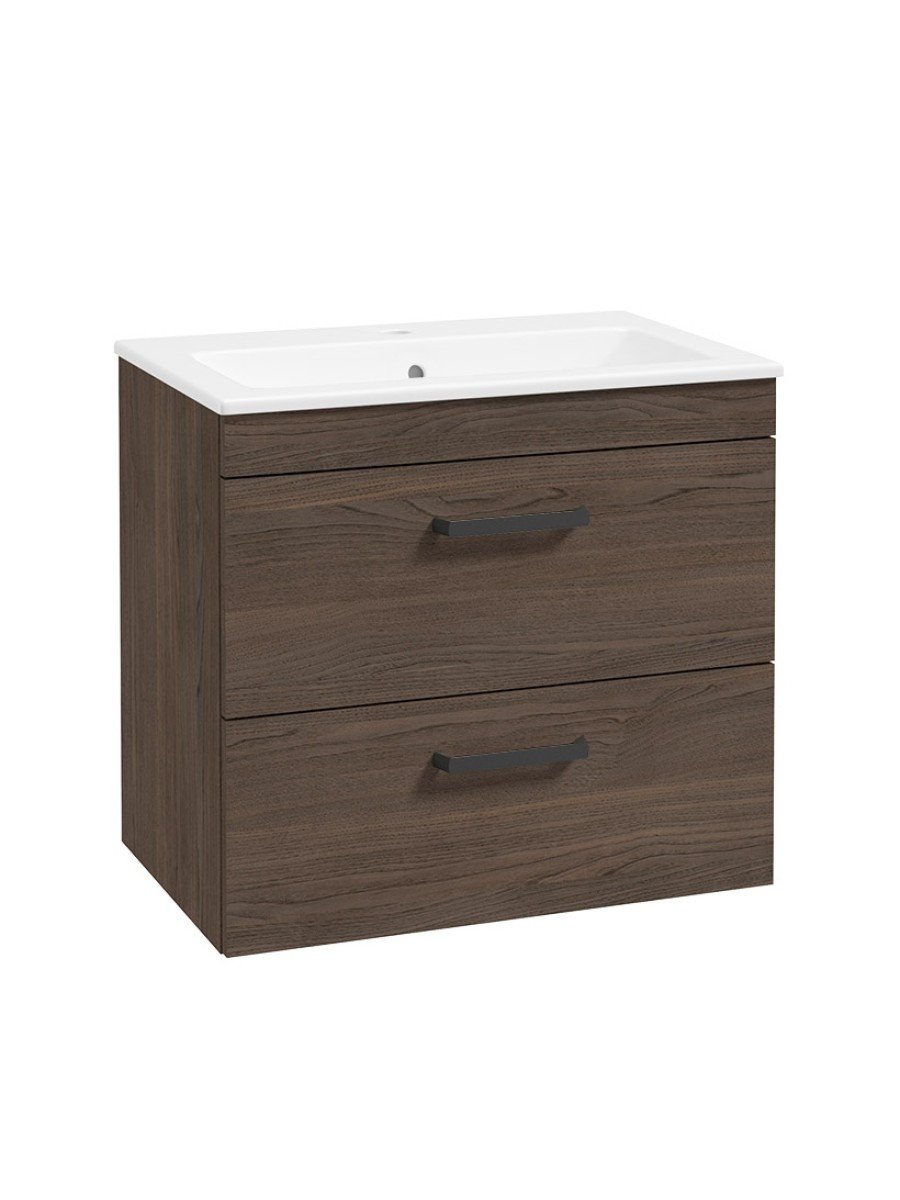 CORTA Wall Hung 60cm Two Drawer Unit Sable Ash-Black Handles