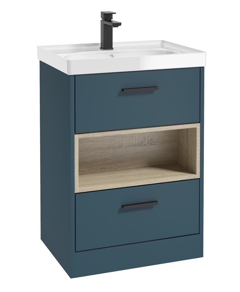 MALMO 60CM TWO DRAWER FLOOR STANDING OCEAN BLUE MATT VANITY UNIT GLOSS BASIN - MATT BLACK HANDLE