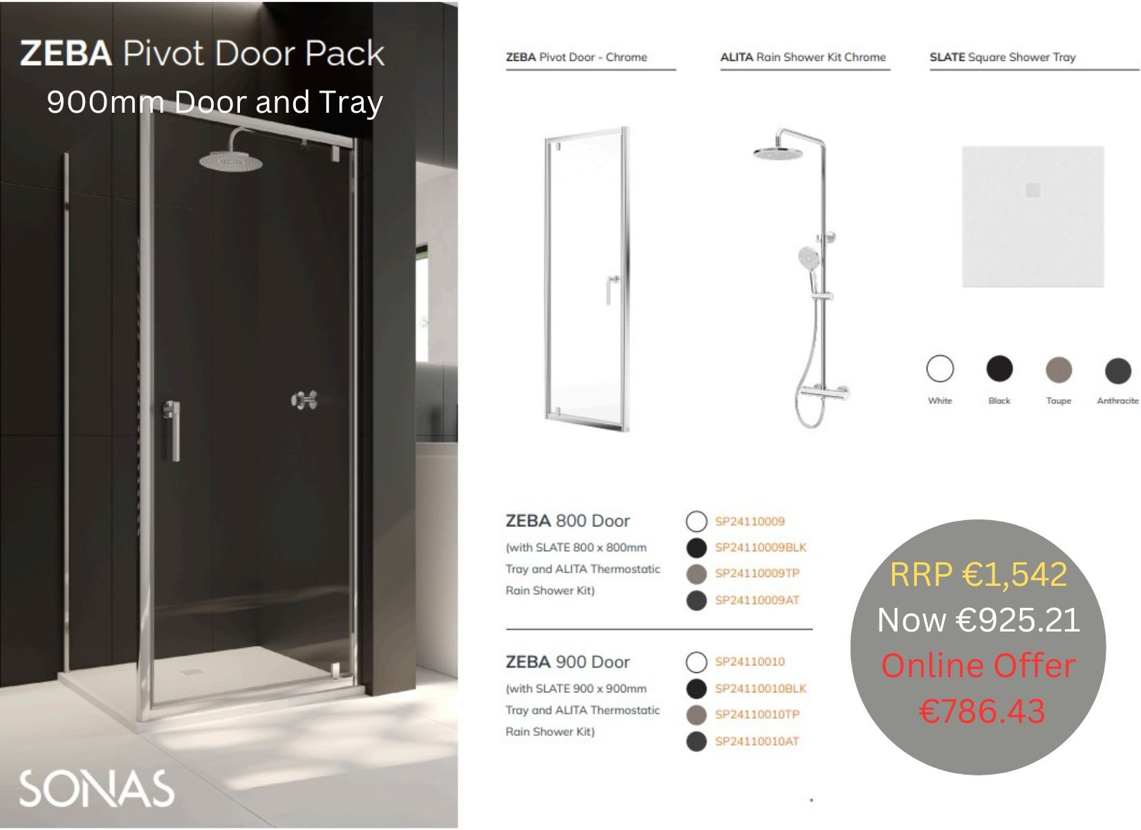 ZEBA PIVOT PACK 900 X900 SQUARE TRAY ANTHRACITE & SHOWER
