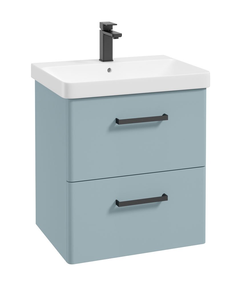 KORA  60cm Wall Hung 2 Drawer Vanity Unit Matt Morning Sky Blue-Black Handles