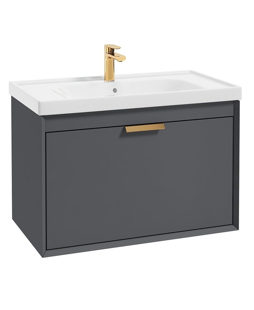 FJORD MIDNIGHT GREY MATT  80CM WALL HUNG VANITY UNIT-BRUSHED GOLD HANDLE