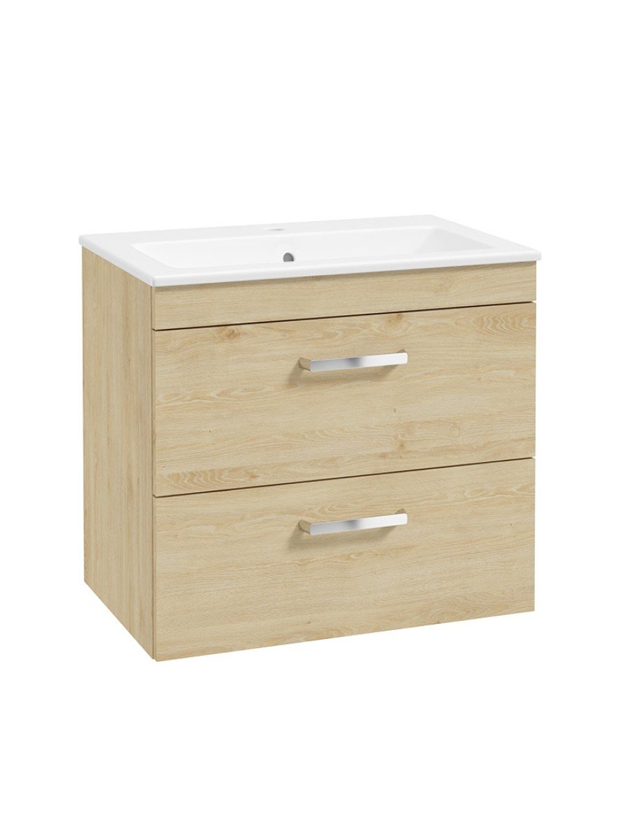 CORTA Wall Hung 60cm Two Drawer Unit Honey Oak-Chrome Handles