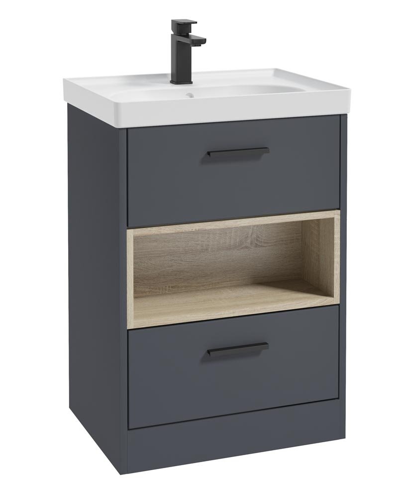 MALMO 60CM TWO DRAWER FLOOR STANDING NIGHT SKY BLUE MATT VANITY UNIT MATT BASIN - MATT BLACK HANDLE