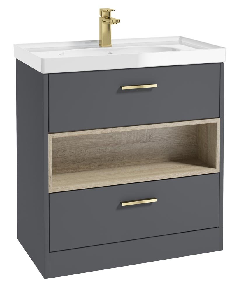 MALMO 80CM TWO DRAWER FLOOR STANDING MIDNIGHT GREY MATT VANITY UNIT GLOSS BASIN - BRUSHED GOLD HANDLE