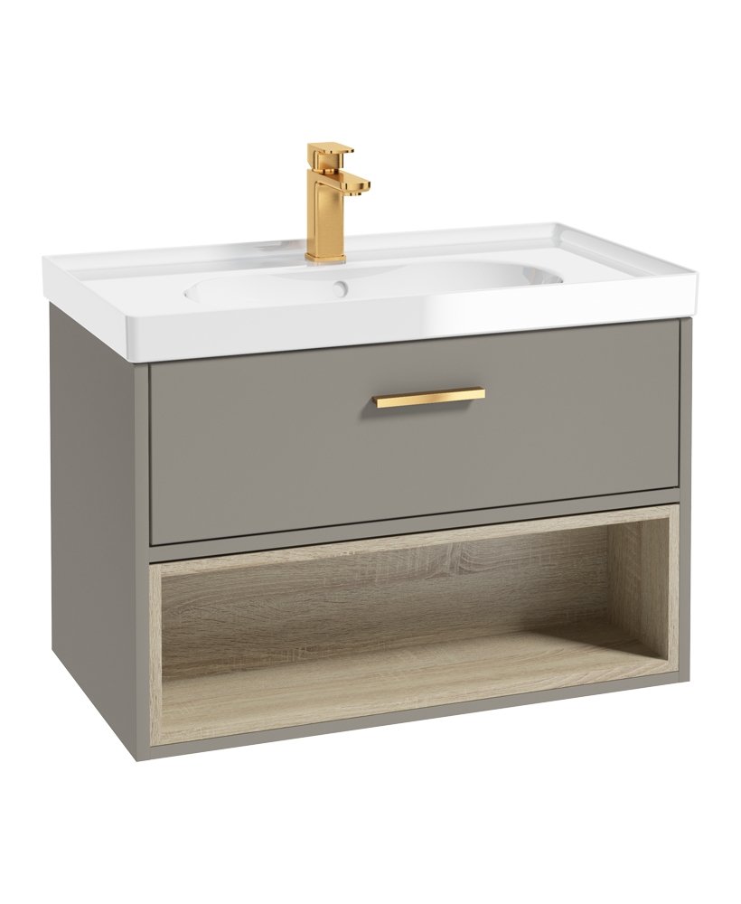MALMO 80CM SINGLE DRAWER, OPEN SHELF UNIT, KHAKI, BRUSHED GOLD HANDLE, GLOSS BASIN