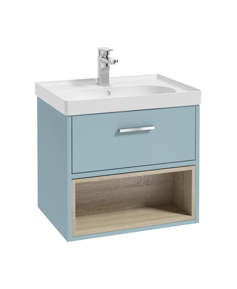 MALMO 60CM SINGLE DRAWER OPEN SHELF MORNING SKY BLUE MATT VANITY UNIT MATT BASIN - BRUSHED CHROME HANDLE