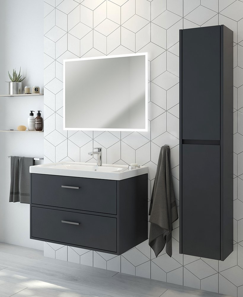 FINLAND MIDNIGHT GREY MATT 80CM WALL HUNG VANITY UNIT - BRUSHED CHROME HANDLE