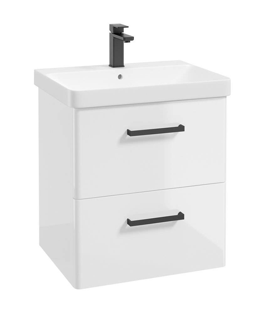 KORA  60cm Wall Hung 2 Drawer Vanity Unit Gloss White-Black Handles