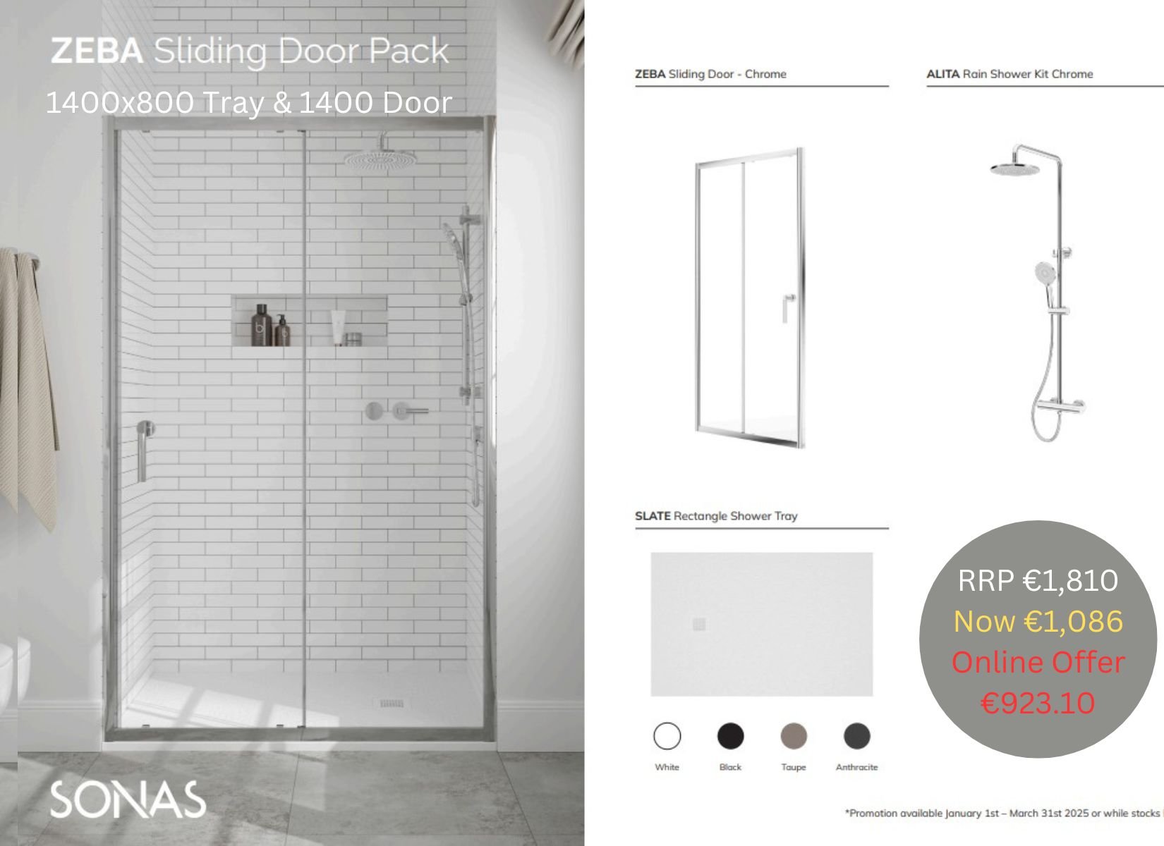 ZEBA SLIDING DOOR PACK 800X1400 RECTANGLE TRAY ANTHRACITE & SHOWER