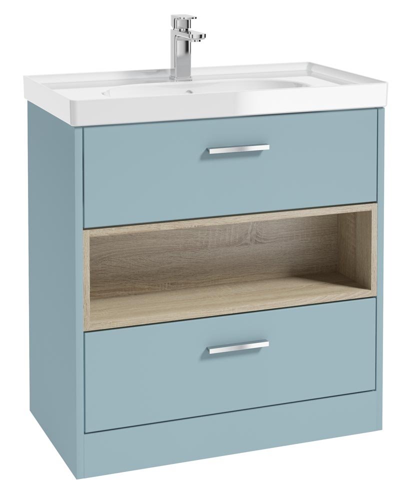 MALMO 80CM TWO DRAWER FLOOR STANDING MORNING SKY BLUE MATT VANITY UNIT GLOSS BASIN - BRUSHED CHROME HANDLE