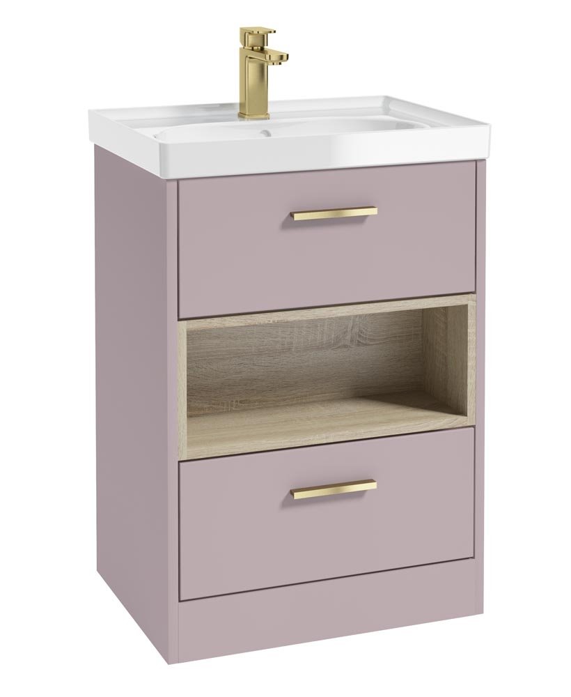 MALMO 60CM TWO DRAWER FLOOR STANDING CASHMERE PINK MATT VANITY UNIT GLOSS BASIN - BRUSHED GOLD HANDLE