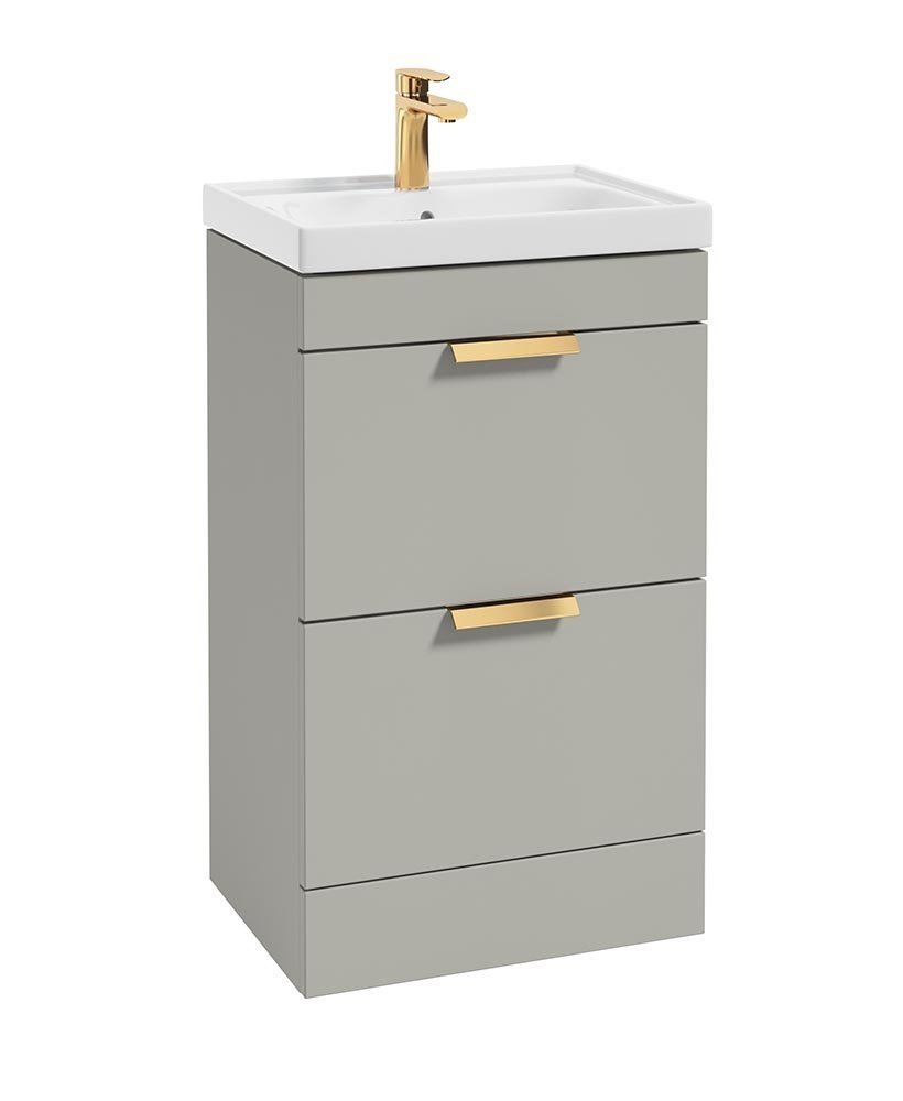STOCKHOLM ARCTIC GREY MATT 50CM 2 DRAWER FLOOR STANDING VANITY UNIT - BRUSHED GOLD HANDLE