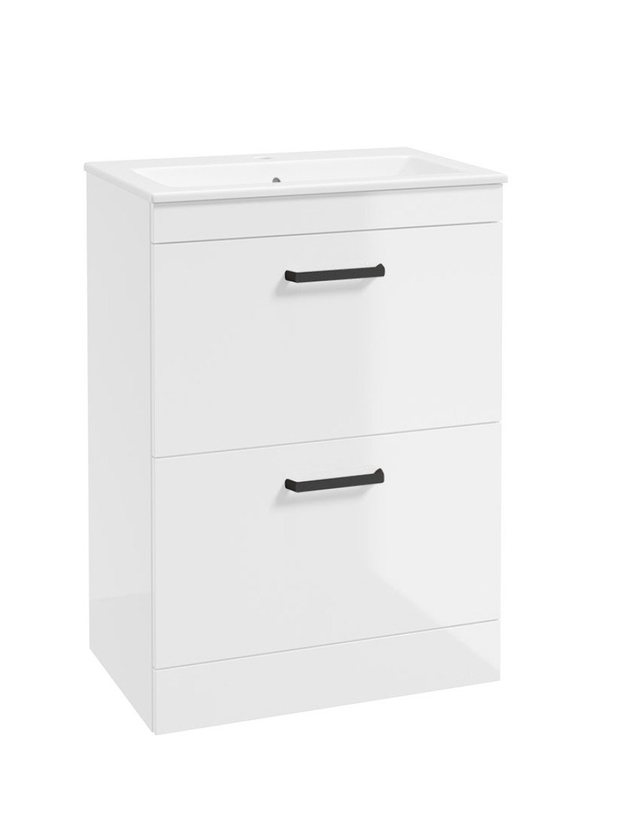CORTA Floorstanding 60cm Two Drawer Unit Gloss White-Black Handles
