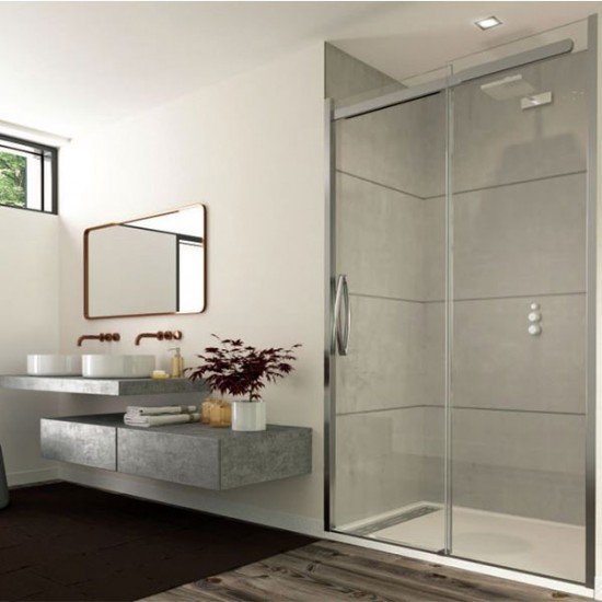 ORO SLIDER DOOR 160CM RIGHT HAND BRIGHT SILVER WITH CLEAR GLASS COMPLETE