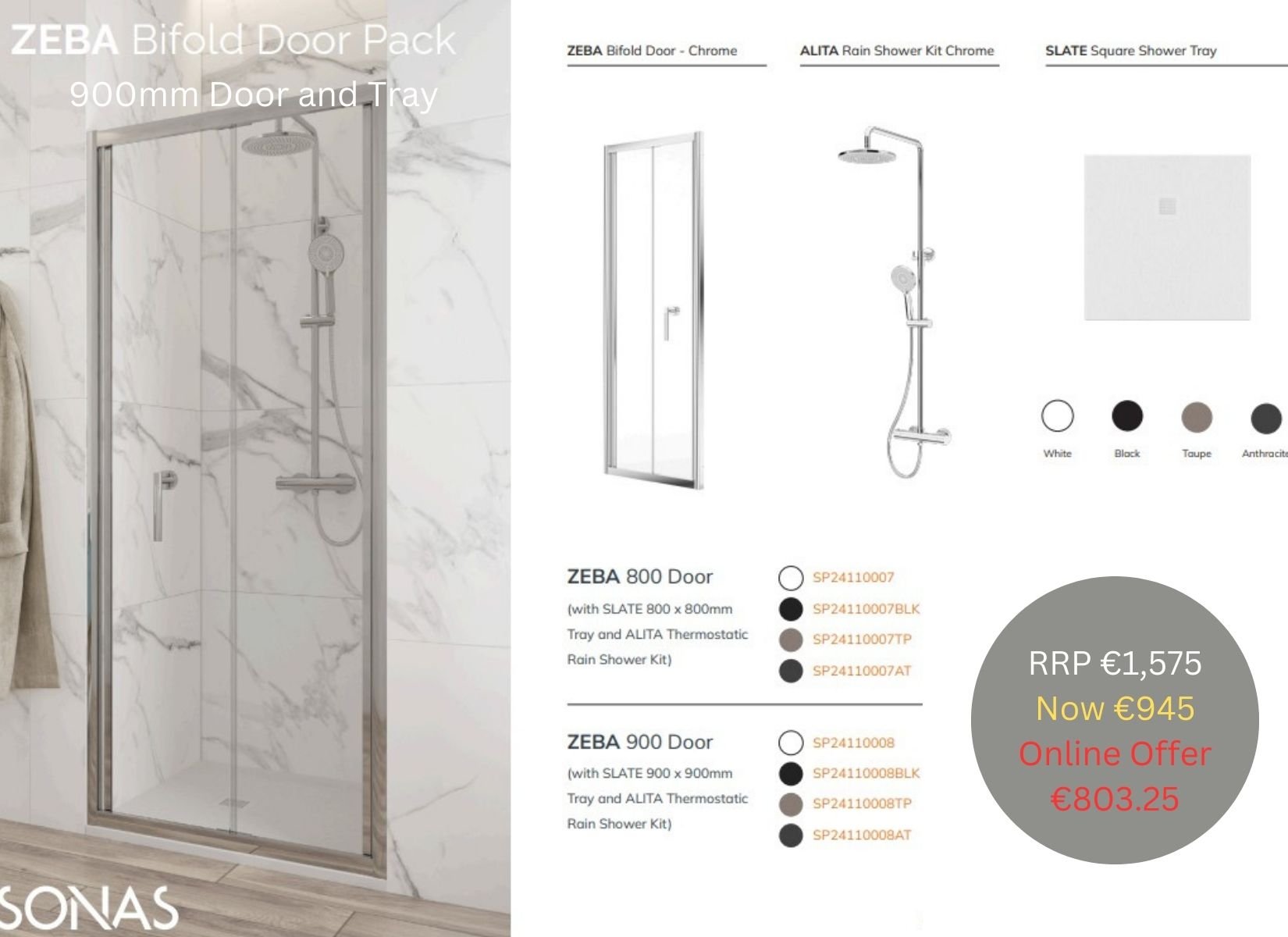 ZEBA BIFOLD PACK 900 X900 SQUARE TRAY ANTHRACITE & SHOWER