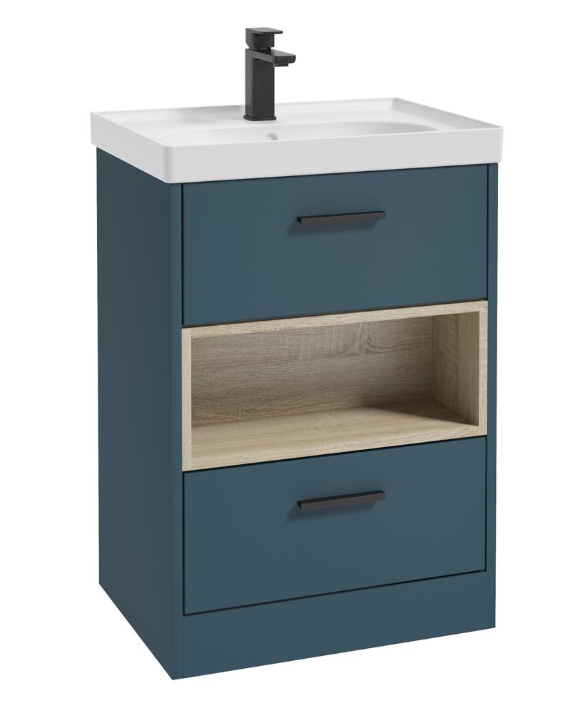 MALMO 60CM TWO DRAWER FLOOR STANDING OCEAN BLUE MATT VANITY UNIT MATT BASIN - MATT BLACK HANDLE