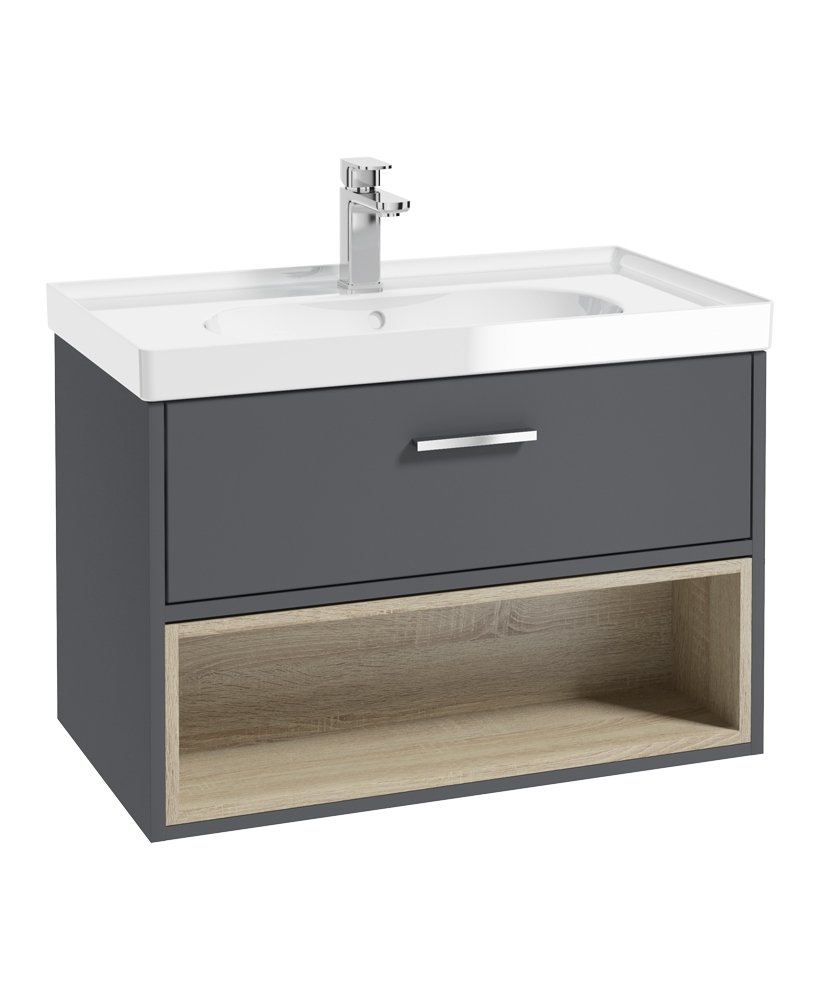 MALMO 80CM SINGLE DRAWER, OPEN SHELF UNIT, MIDNIGHT GREY, CHROME HANDLE, GLOSS BASIN