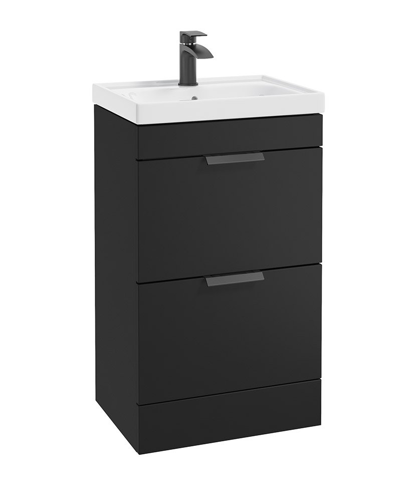 STOCKHOLM 50CM TWO DRAWER FLOOR STANDING MATT BLACK VANITY UNIT - MATT BLACK HANDLES