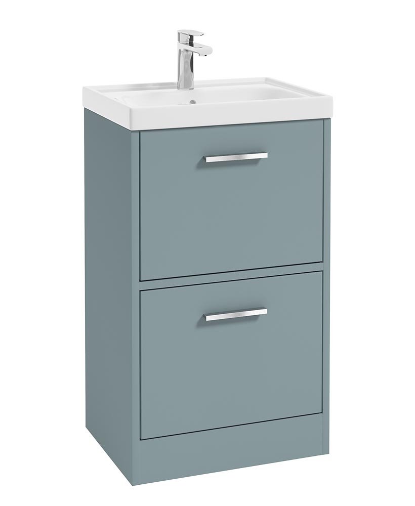 FINLAND 50CM TWO DRAWER MATT CORAL GREEN FLOOR STANDING VANITY UNIT - BRUSHED CHROME HANDLE