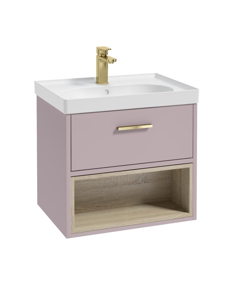 MALMO 60CM SINGLE DRAWER OPEN SHELF CASHMERE PINK MATT VANITY UNIT MATT BASIN - BRUSHED GOLD HANDLE