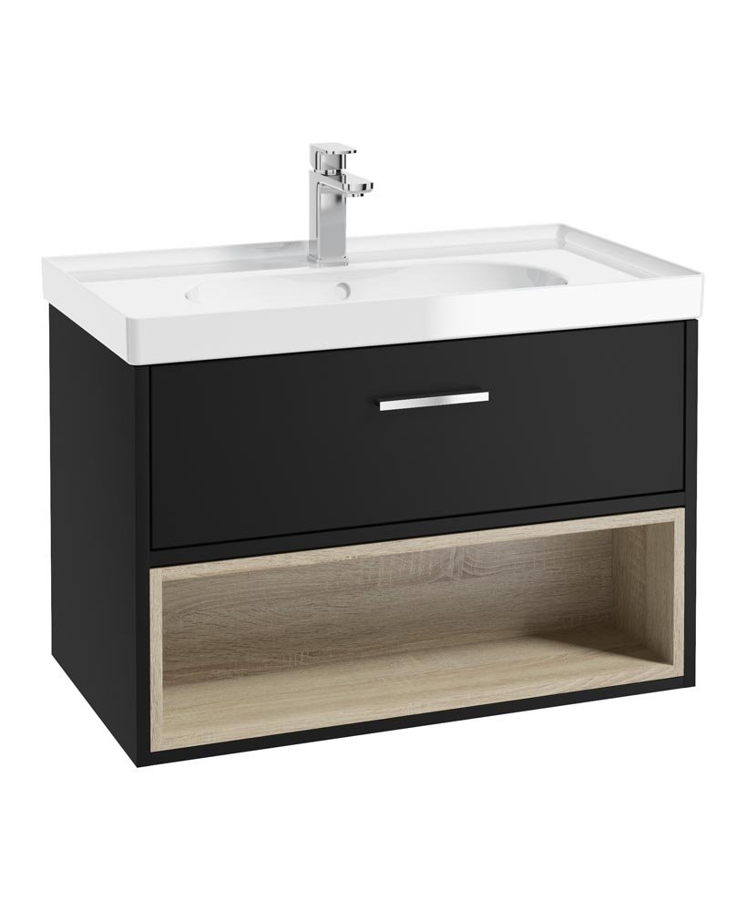 MALMO 80CM SINGLE DRAWER OPEN SHELF MATT BLACK VANITY UNIT GLOSS BASIN - BRUSHED CHROME HANDLE