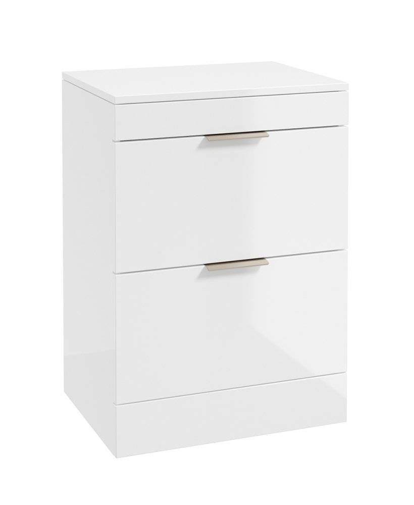 STOCKHOLM FLOORSTANDING 60CM TWO DRAWER COUNTERTOP VANITY UNIT GLOSS WHITE - BRUSHED NICKEL HANDLE