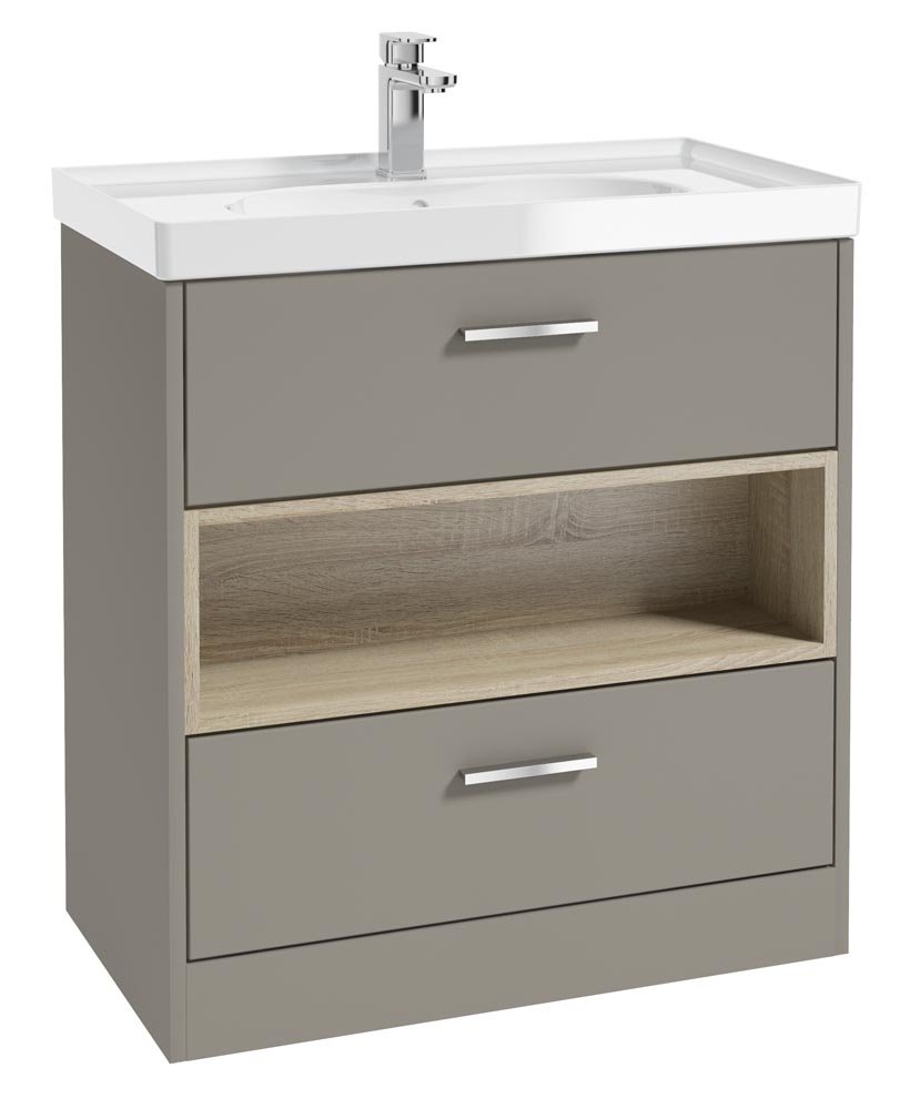 MALMO 80CM TWO DRAWER FLOOR STANDING KHAKI MATT  VANITY UNIT GLOSS BASIN - BRUSHED CHROME HANDLE