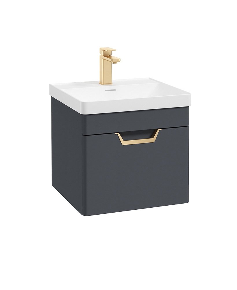 FREYA 50CM 1 DRAWER WALL HUNG VANITY UNIT MATT NIGHT SKY BLUE-BRUSHED GOLD HANDLE