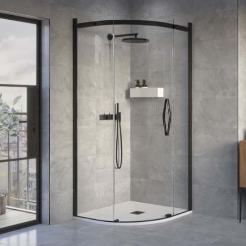 ORO SLIDER QUADRANT DOOR 900X1200MM RIGHT HAND MATT BLACK WITH CLEAR GLASS COMPLETE