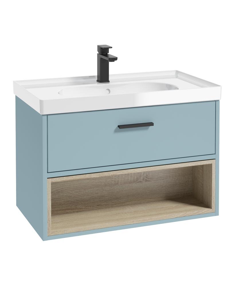 MALMO 80CM SINGLE DRAWER OPEN SHELF MORNING SKY BLUE MATT VANITY UNIT GLOSS BASIN - MATT BLACK HANDLE