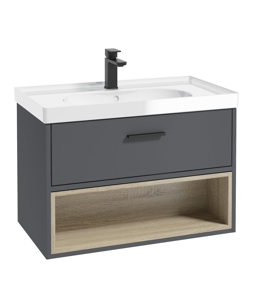 MALMO 80CM SINGLE DRAWER, OPEN SHELF UNIT, MIDNIGHT GREY, BLACK HANDLE, GLOSS BASIN