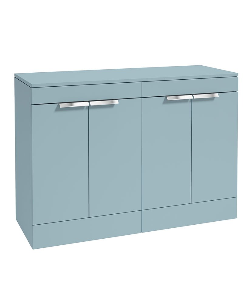 STOCKHOLM 120CM FLOOR STANDING FOUR DOOR MORNING SKY BLUE MATT  COUNTERTOP VANITY UNIT - BRUSHED CHROME HANDLE