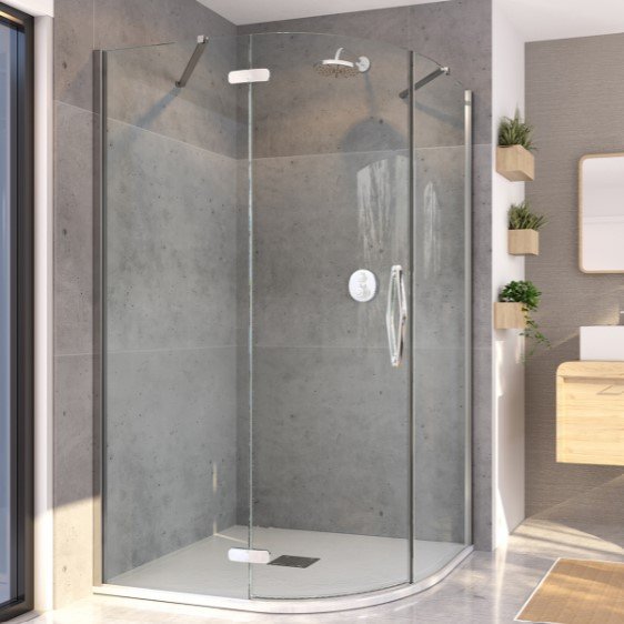 ORO HINGED QUADRANT DOOR  90CM RIGHT HAND BRIGHT SILVER WITH CLEAR GLASS COMPLETE