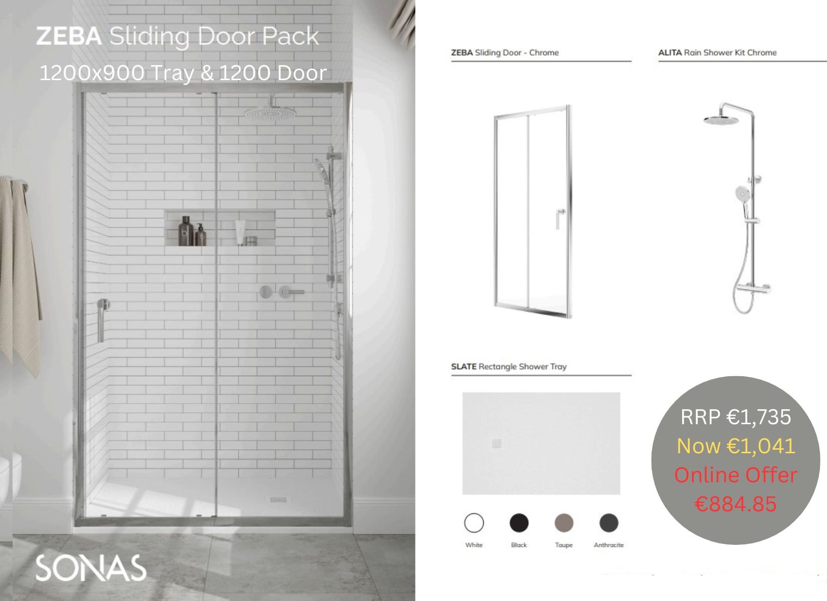 ZEBA SLIDING DOOR PACK 900X1200 RECTANGLE TRAY ANTHRACITE & SHOWER