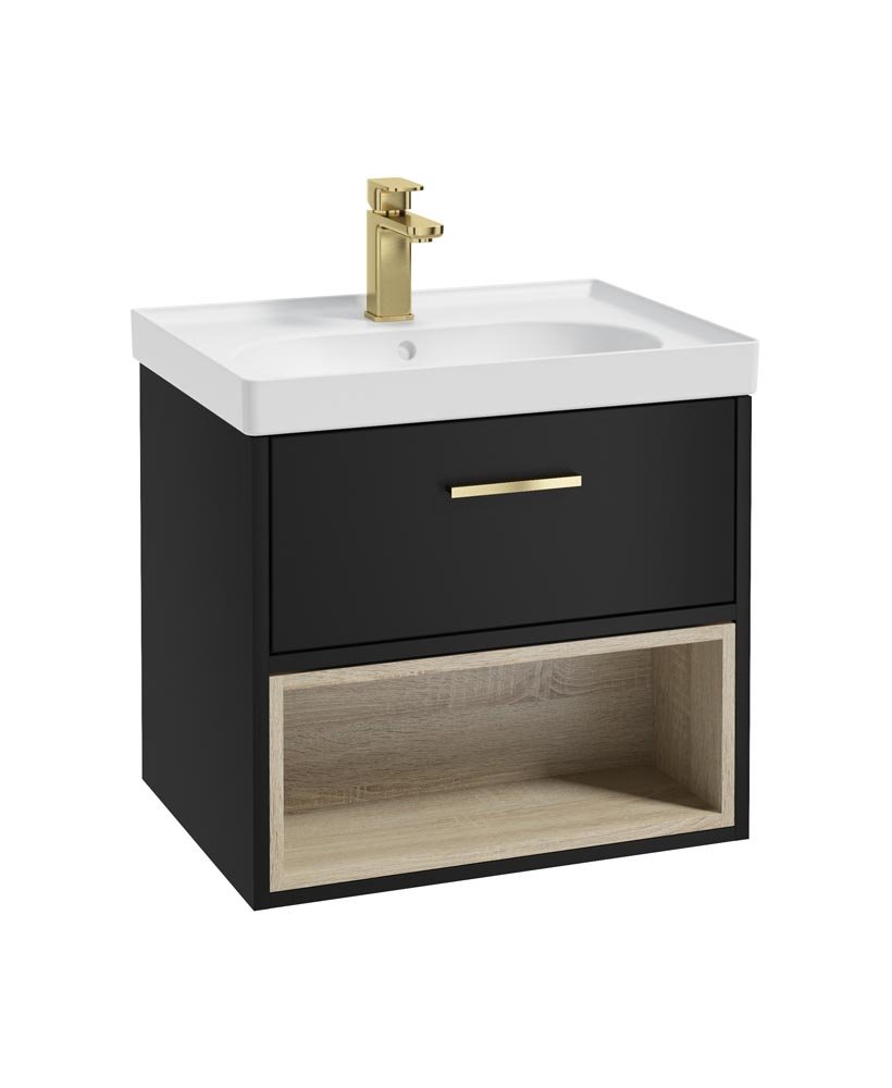 MALMO 60CM SINGLE DRAWER OPEN SHELF MATT BLACK VANITY UNIT MATT BASIN - BRUSHED GOLD HANDLE