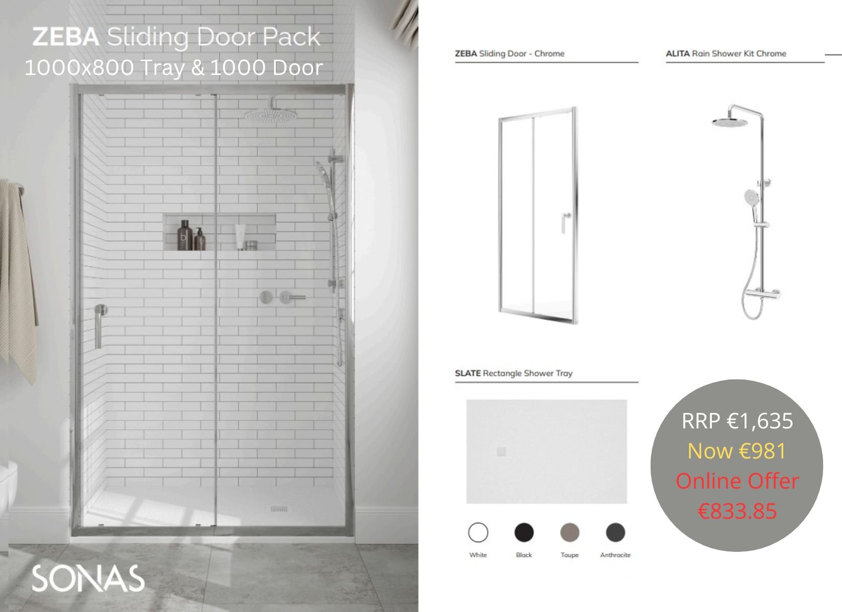 ZEBA SLIDING DOOR PACK 800X1000 RECTANGLE TRAY BLACK & SHOWER