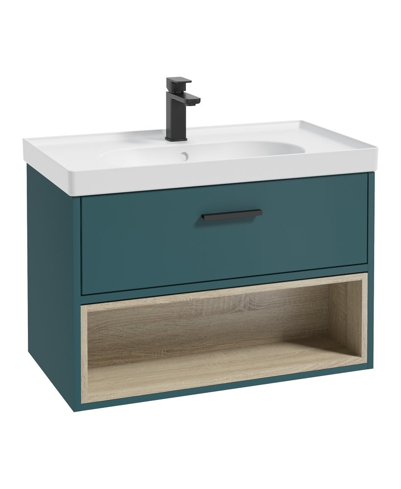 MALMO 80CM SINGLE DRAWER, OPEN SHELF UNIT, OCEAN BLUE, BLACK HANDLE, MATT BASIN