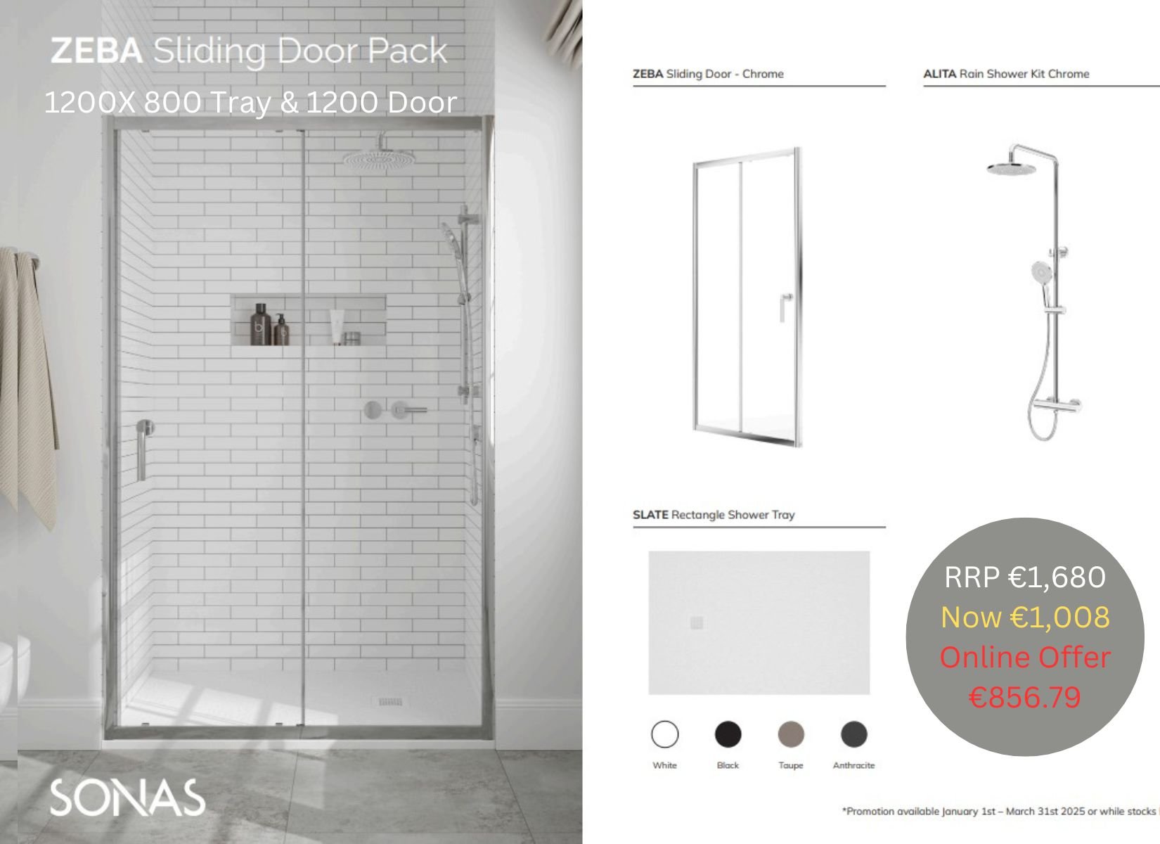 ZEBA SLIDING DOOR PACK 800X1200 RECTANGLE TRAY TAUPE & SHOWER