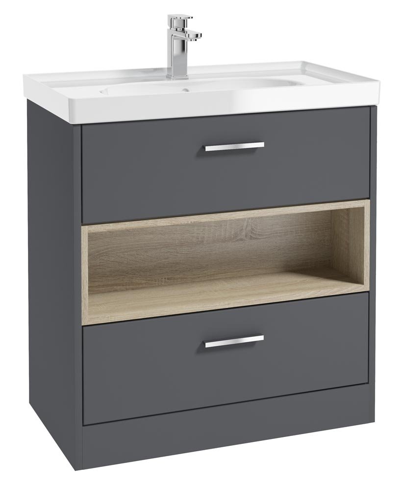 MALMO 80CM TWO DRAWER FLOOR STANDING MIDNIGHT GREY MATT VANITY UNIT GLOSS BASIN - BRUSHED CHROME HANDLE