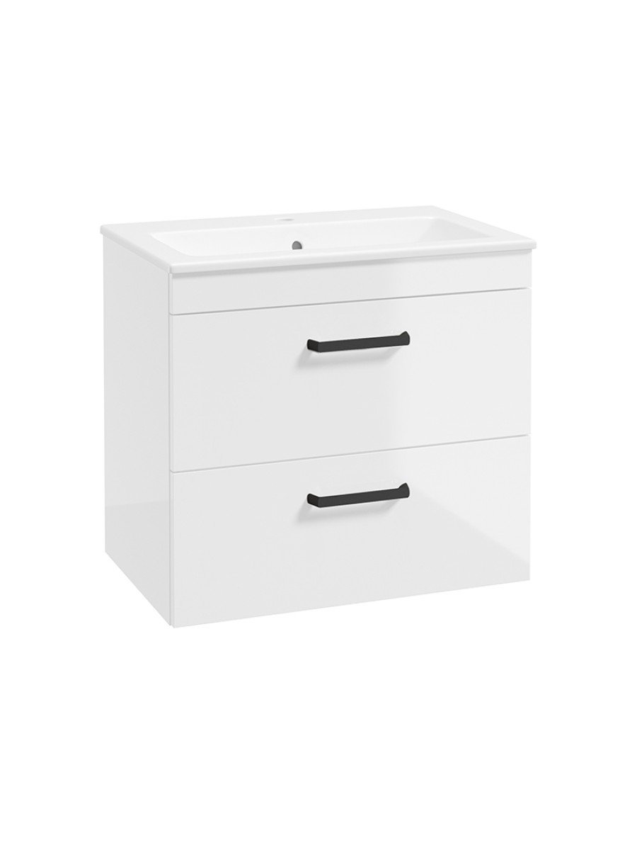 CORTA Wall Hung 60cm Two Drawer Unit Gloss White-Black Handles