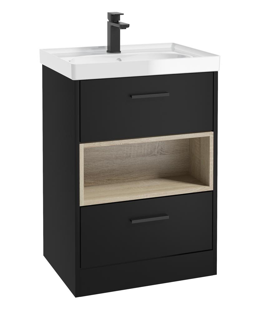 MALMO 60CM TWO DRAWER FLOOR STANDING MATT BLACK VANITY UNIT GLOSS BASIN - MATT BLACK HANDLE