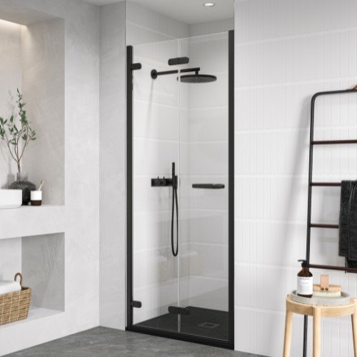 ORO BI FOLD DOOR 900MM MATT BLACK WITH CLEAR GLASS